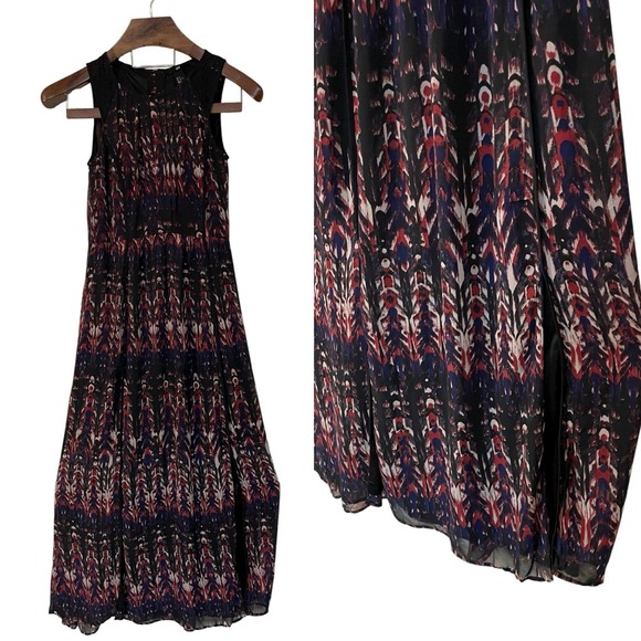 H & M Red Blue Black Lace Ikat Sleeveless Maxi Dress Pleats Slits Boho Artsy 2 - Picture 1 of 11